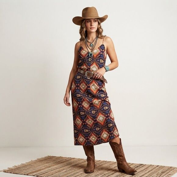 Zara Dresses & Skirts - Zara Woman Small Southwestern Aztec Lightweight Midi Dress Boho Western Cowgirl